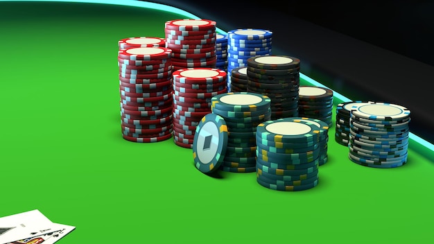 Collection of realistic casino chips red blue and green poker premium chips on green poker table with blue light 3d rendering