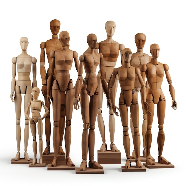 A collection of realistic wooden mannequins