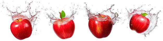 Collection of red apples with splashing water on white background