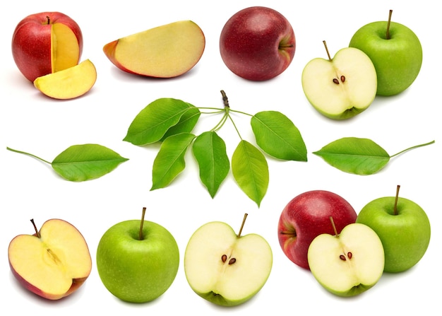 Collection of red and green apples with leaf isolated on a white background Creative idea fruit juice and drink Top view flat lay