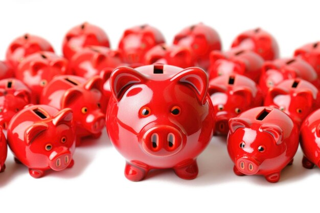 Collection of red piggy banks Savings and financial security concept