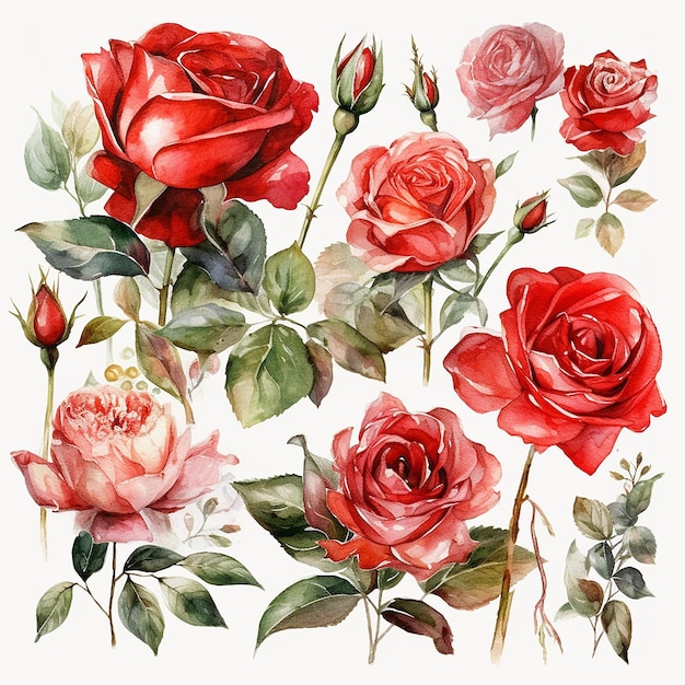 Коллекция красных роз с зелеными листьями и бутонами
