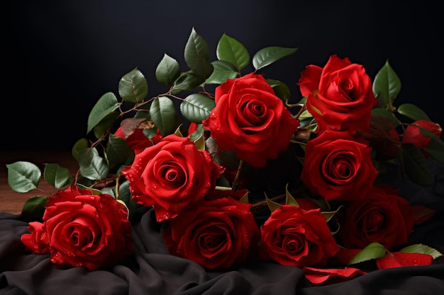 A collection of red roses with green leaves and red roses