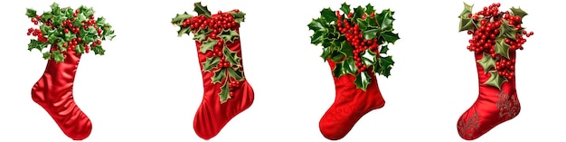 Коллекция красных носков и растений на белом фоне, рождественская и новогодняя концепция