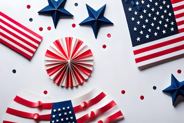 A collection of red, white, and blue stars and stripes are displayed on a white background.