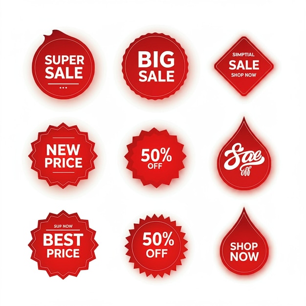 a collection of red and white signs with the price of discounts