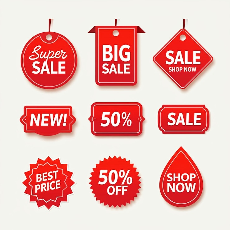 Photo a collection of red and white signs with the words big discounts on them