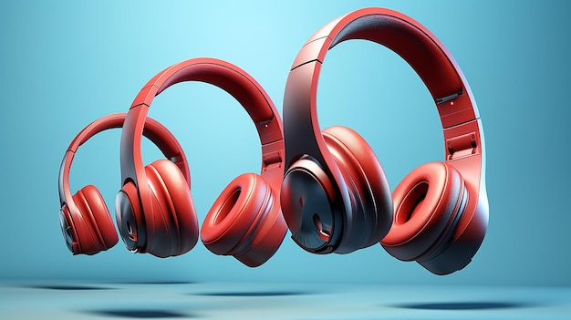 Collection of Red Wireless Headphones on Light Blue Background