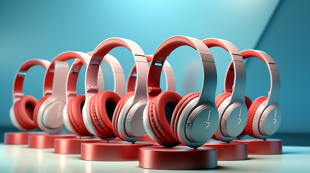 Collection of Red Wireless Headphones on Light Blue Background