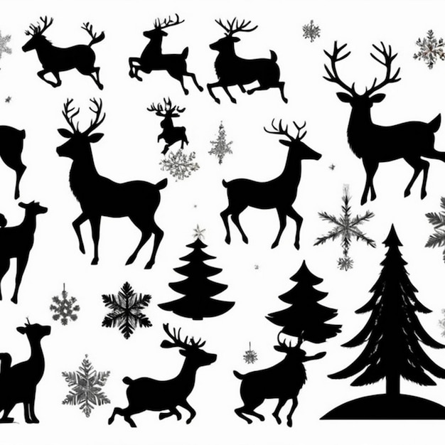 a collection of reindeer deer and snowflakes