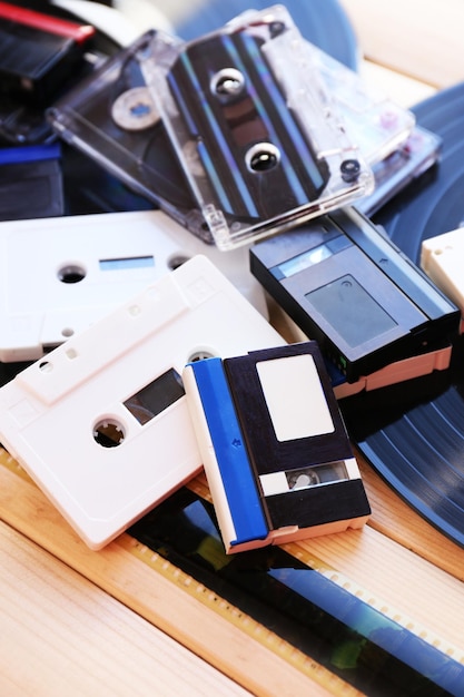 Collection of retro audio tapes close up