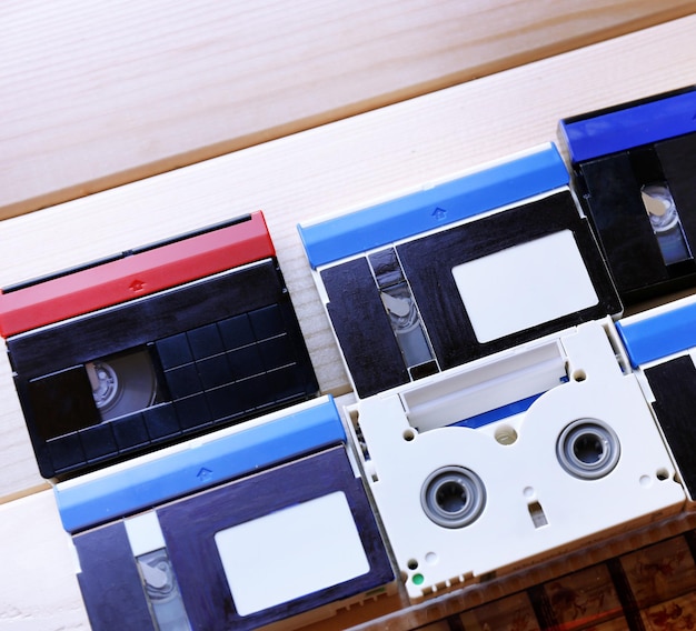 Collection of retro audio tapes close up