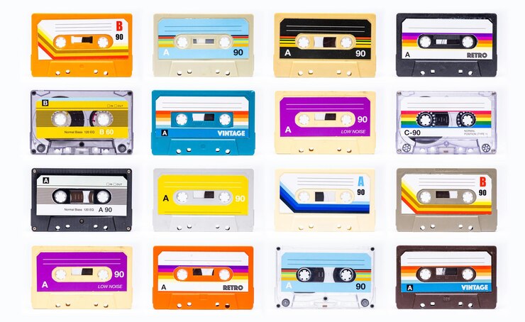 Photo a collection of retro cassette tapes on white background