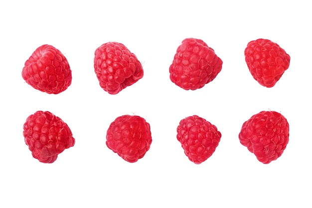 Collection of ripe red raspberries, isolated on white background.