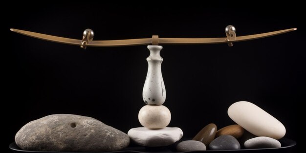 A collection of rocks and a balance bar are arranged on a black background.