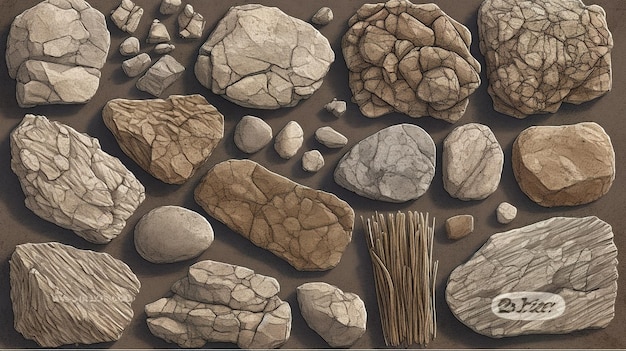 A collection of rocks and a stick on the ground