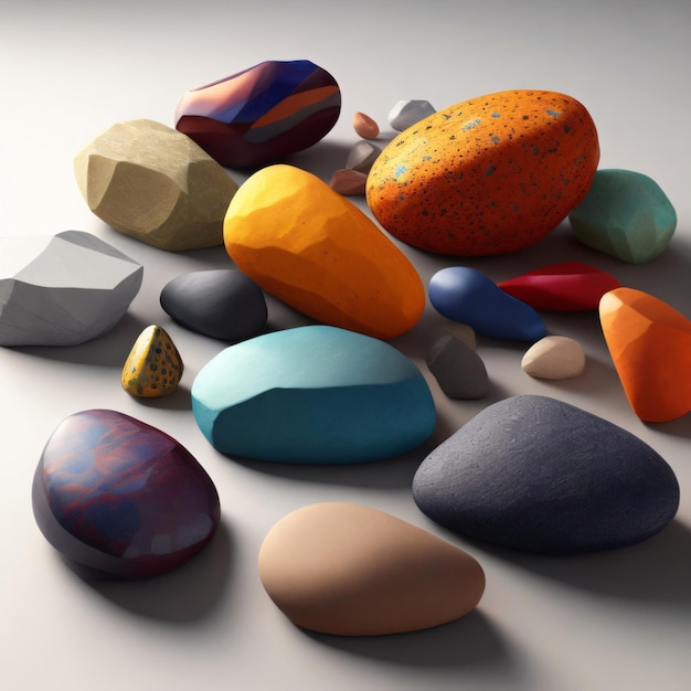 A collection of rocks with different shapes and colors are on a white surface