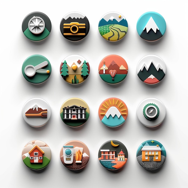 a collection of round buttons with a mountain scene on the bottom