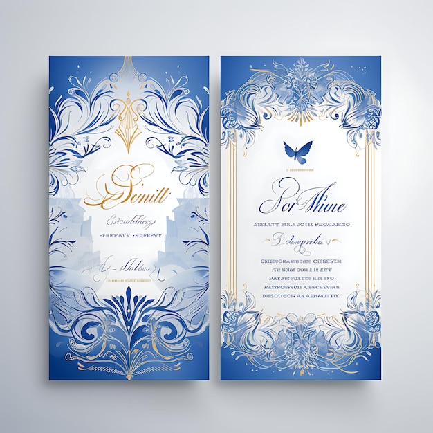 Photo collection royal blue wedding invitation card rectangular shape glossy illustration idea design