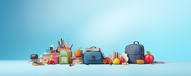 a collection of school supplies including a blue bag, a house, and a book.