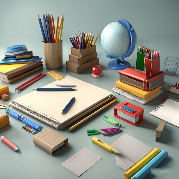 Коллекция школьных принадлежностей, включая часы, карандаш, карандаш, карандаш и карандаш.