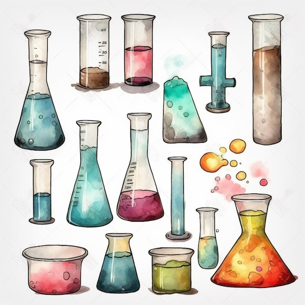 A collection of science beakers with different liquids and flasks.