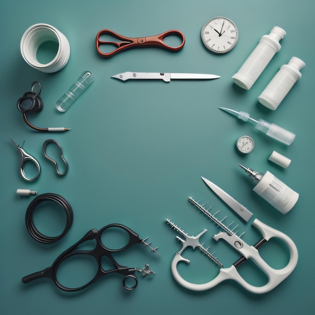 A collection of scissors and a box of tools on a table