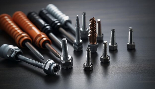 a collection of screws and screws are on a table