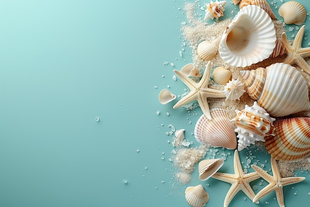 collection sea shells and starfish blue background top view copy space summer flat lay frame design