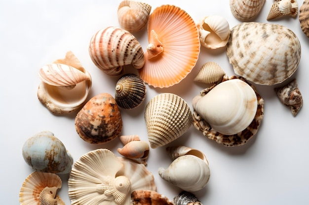 A collection of sea shells on a white background