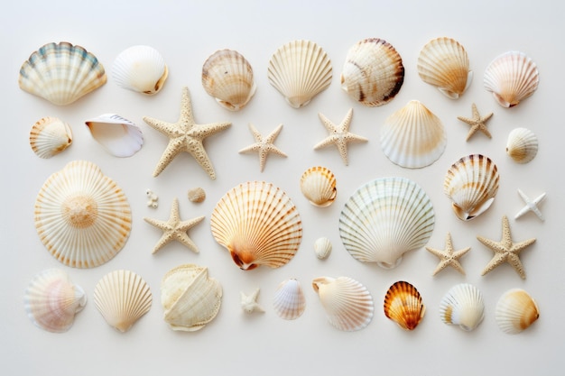 A collection of seashells arranged on a plain gray surface Symbolizing the summertime theme the image is taken from a bird'seye perspective with enough vacant space for text or other elements