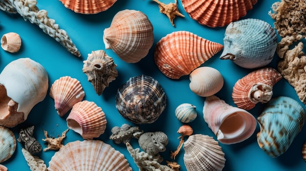 Collection of seashells and coral on a blue background AI generated