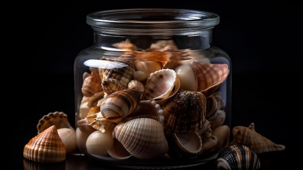 Collection of seashells in a glass jar AI generated