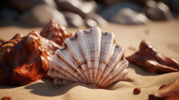 A Collection of Seashells on a Sandy Beach with Rocks in the Background