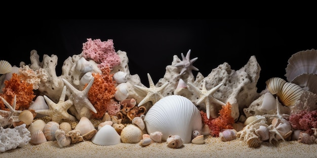 A collection of seashells and starfish are on a black background.