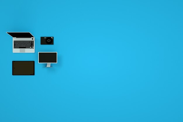 Collection, a set of 3D gadgets on a blue background. Computer, laptop, tablet, and smartphone. Isometric models of gadgets. Computer graphics