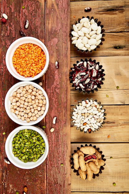 Photo collection set of beans and legumes. bowls of various lentils