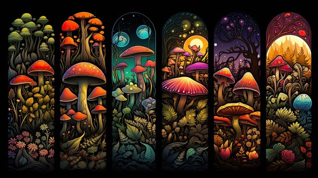 Photo collection set of colorful mushrooms illustration on black background tarot cards style