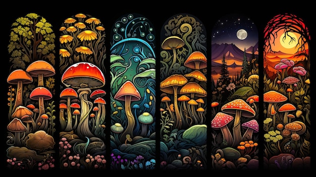 Photo collection set of colorful mushrooms illustration on black background tarot cards style