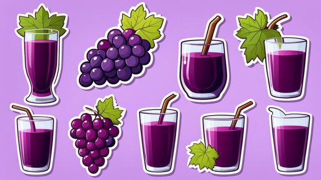 Photo collection set of grape juice elements