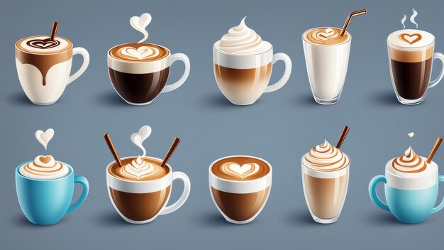 Photo collection set of latte coffee elements