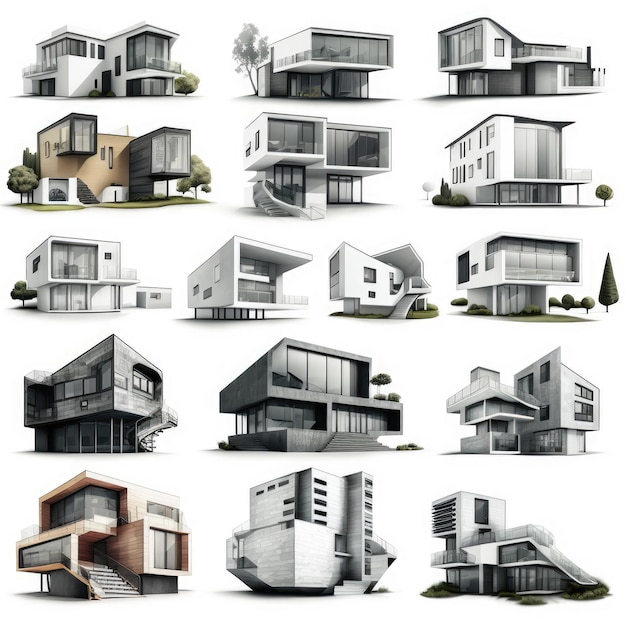 AI가 만든 흰색 배경에 있는 현대적인 집 컬렉션 집합인공 지능