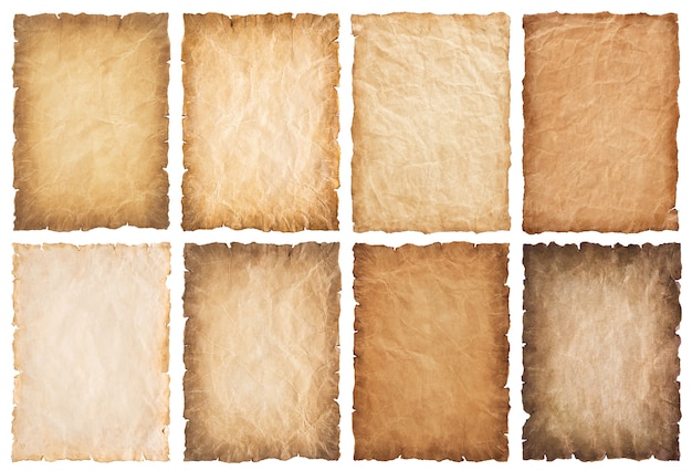 Collection set old parchment paper sheet vintage aged or texture isolated on white background.