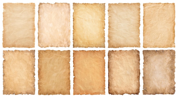 Photo collection set old parchment paper sheet vintage aged or texture isolated on white background