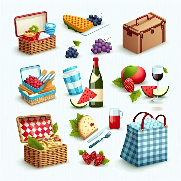 Photo collection set of picnic white background made by aiartificial intelligence