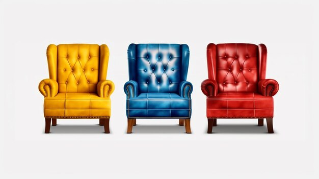 Collection Set of red blue and yellow retro vantage armchairs cutouts single seat sofas isolated