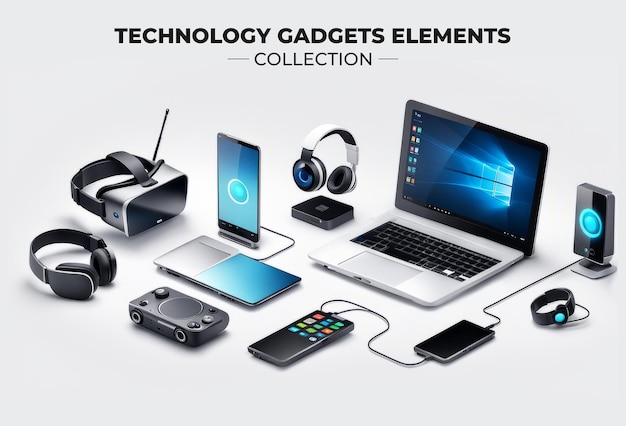 Photo collection set of technology gadgets elements