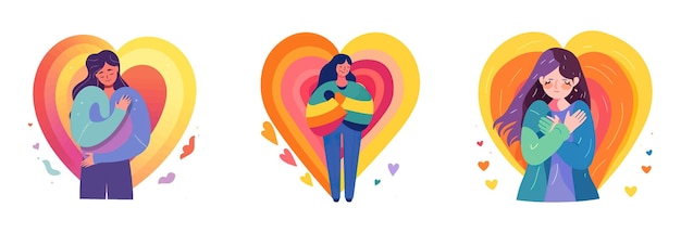 Collection set vector illusatration of woman hugging herself isolate on white