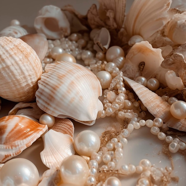 A collection of shells and pearls are on a table.