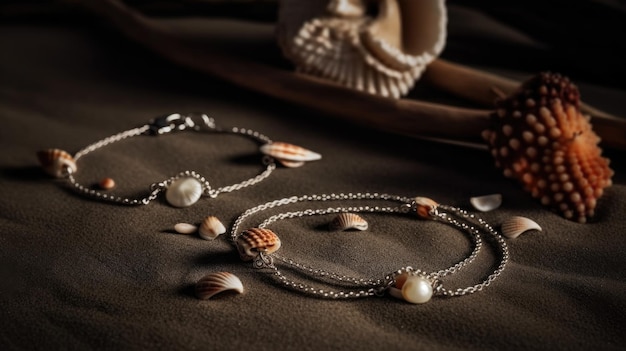 A collection of shells and seashells are laid out on a brown surface.